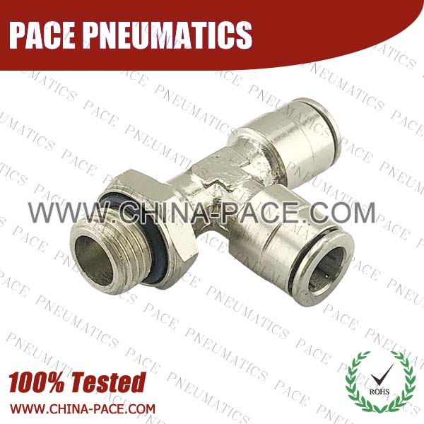 BSPP G Thread Camozzi Nickel Plated Brass Male Run Tee Push In Air Fittings, All Metal Push To Connect Fittings, All Brass Push In Fittings, Camozzi Type Brass Pneumatic Fittings